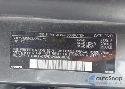 2010 Volvo S40 2.4I из США, поврежденный, VIN YV1382MS4A2507612